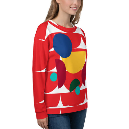 Good Wishes 365 red recycled sweatshirt with all-over geometric mushroom print worn by a woman in profile view