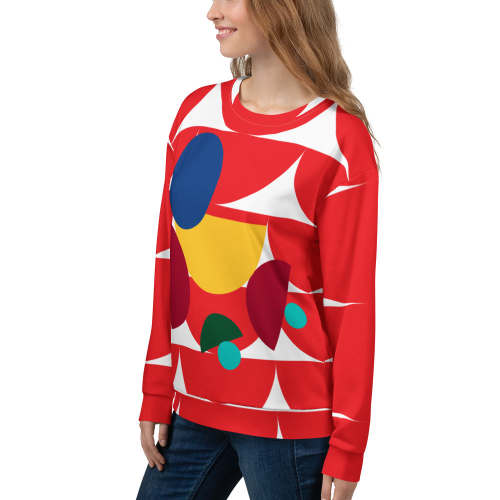 Good Wishes 365 red recycled sweatshirt featuring an all-over geometric mushroom graphic print on a woman
