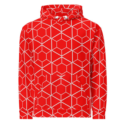 Good Wishes 365 red recycled hoodie with white all-over geometric hexagon print, featuring a kangaroo pocket.
