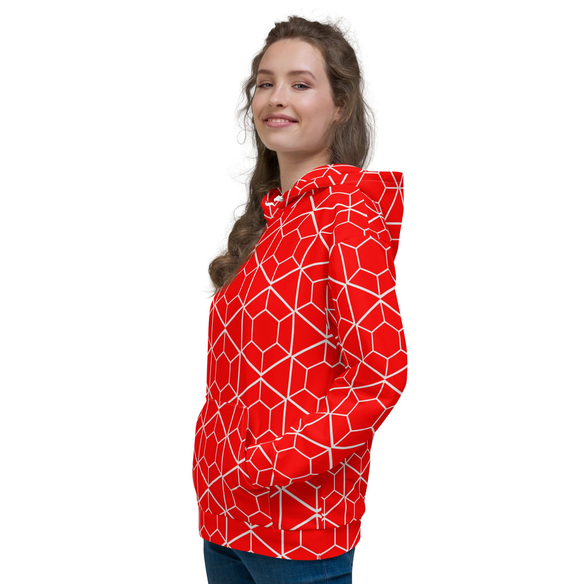 Woman wearing a Good Wishes 365 red recycled hoodie with a white geometric hexagon print and front kangaroo pocket.