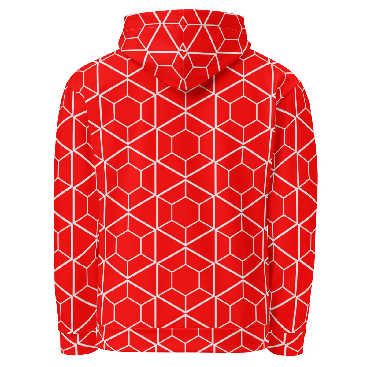 Back view of a Good Wishes 365 red recycled hoodie featuring an all-over white geometric hexagon pattern.