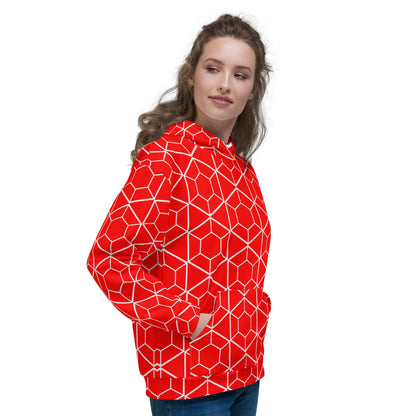 Good Wishes 365 red recycled hoodie with white geometric hexagon print worn by a woman in a studio setting