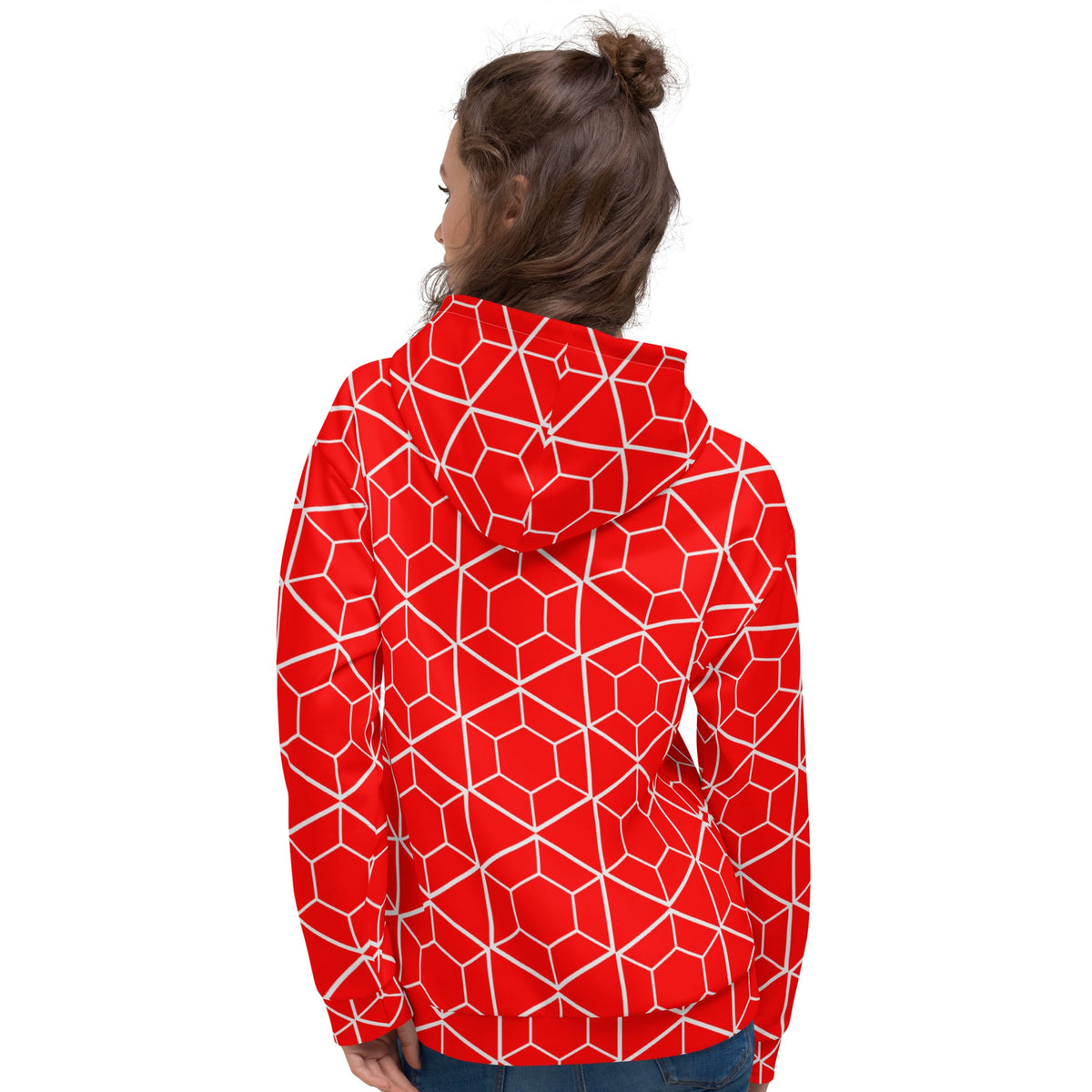 Good Wishes 365 red recycled hoodie with white geometric hexagon pattern, back view on a woman