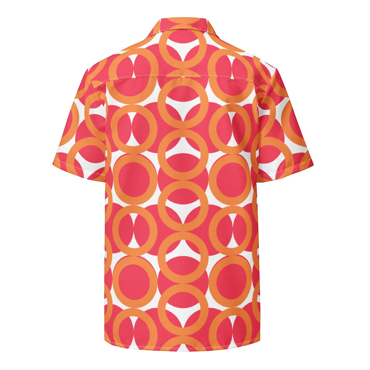 Good Wishes 365 unisex short sleeve button shirt featuring a red, orange, and white retro geometric circular pattern.