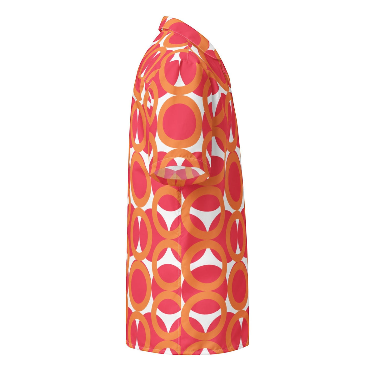 Good Wishes 365 red retro geometric print short sleeve button shirt with UPF50+ sun protection, side view.