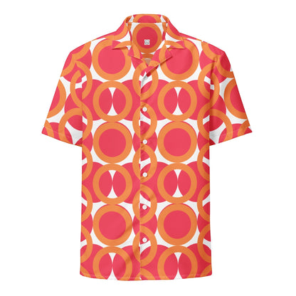 Good Wishes 365 unisex short sleeve button shirt in red and orange retro geometric circular print with UPF50+ protection