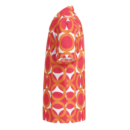 Good Wishes 365 red and orange retro geometric print short sleeve button-down shirt with UPF50+ sun protection.