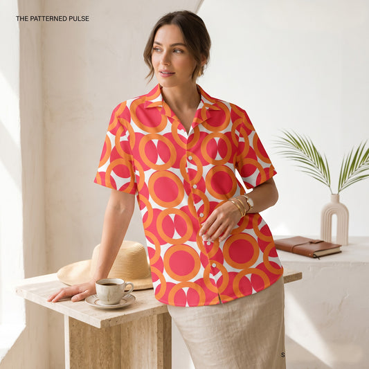 Good Wishes 365 unisex short sleeve button shirt with a red and orange retro geometric pattern and UPF50+ protection.