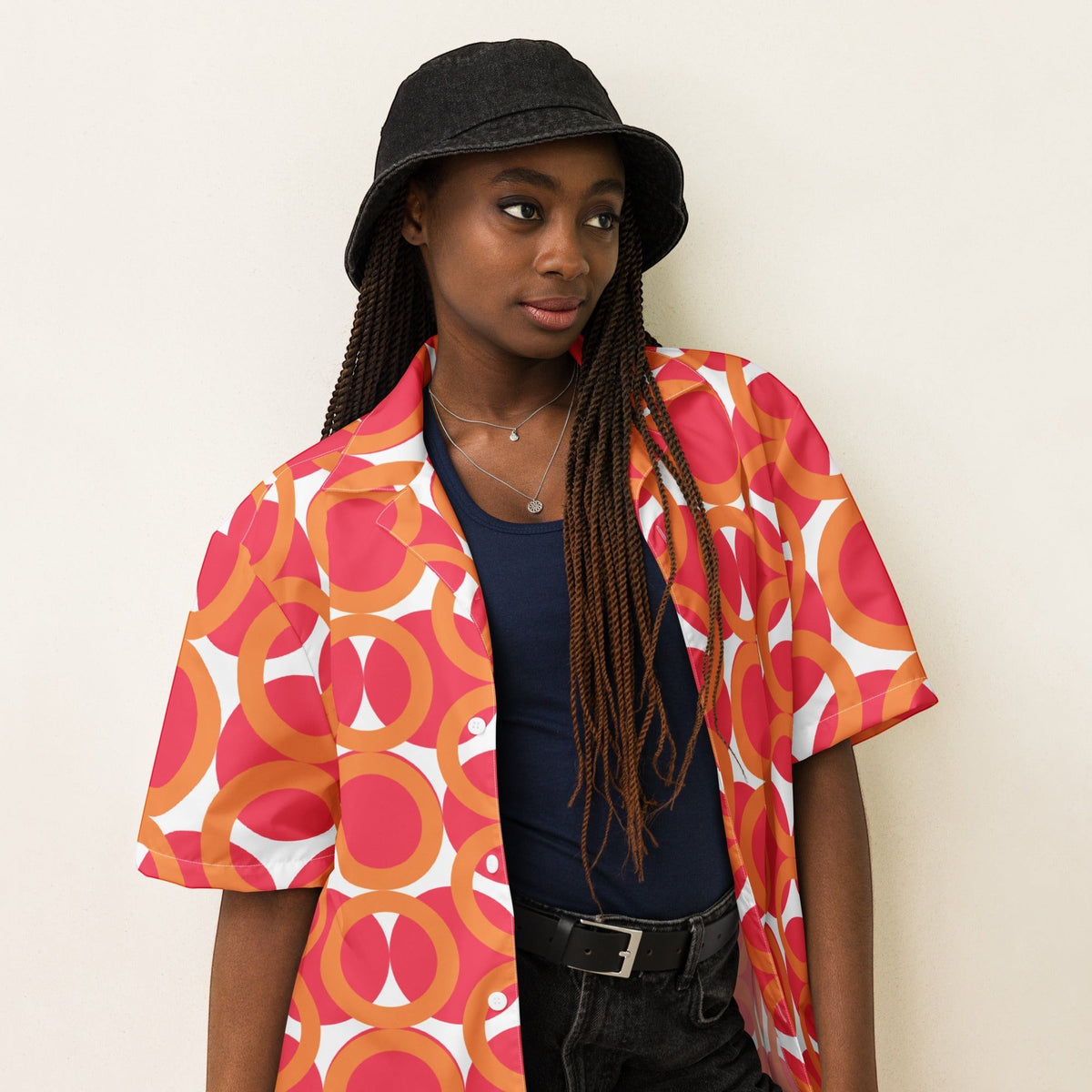 Good Wishes 365 unisex short sleeve button shirt with red and orange retro geometric pattern and UPF50+ protection