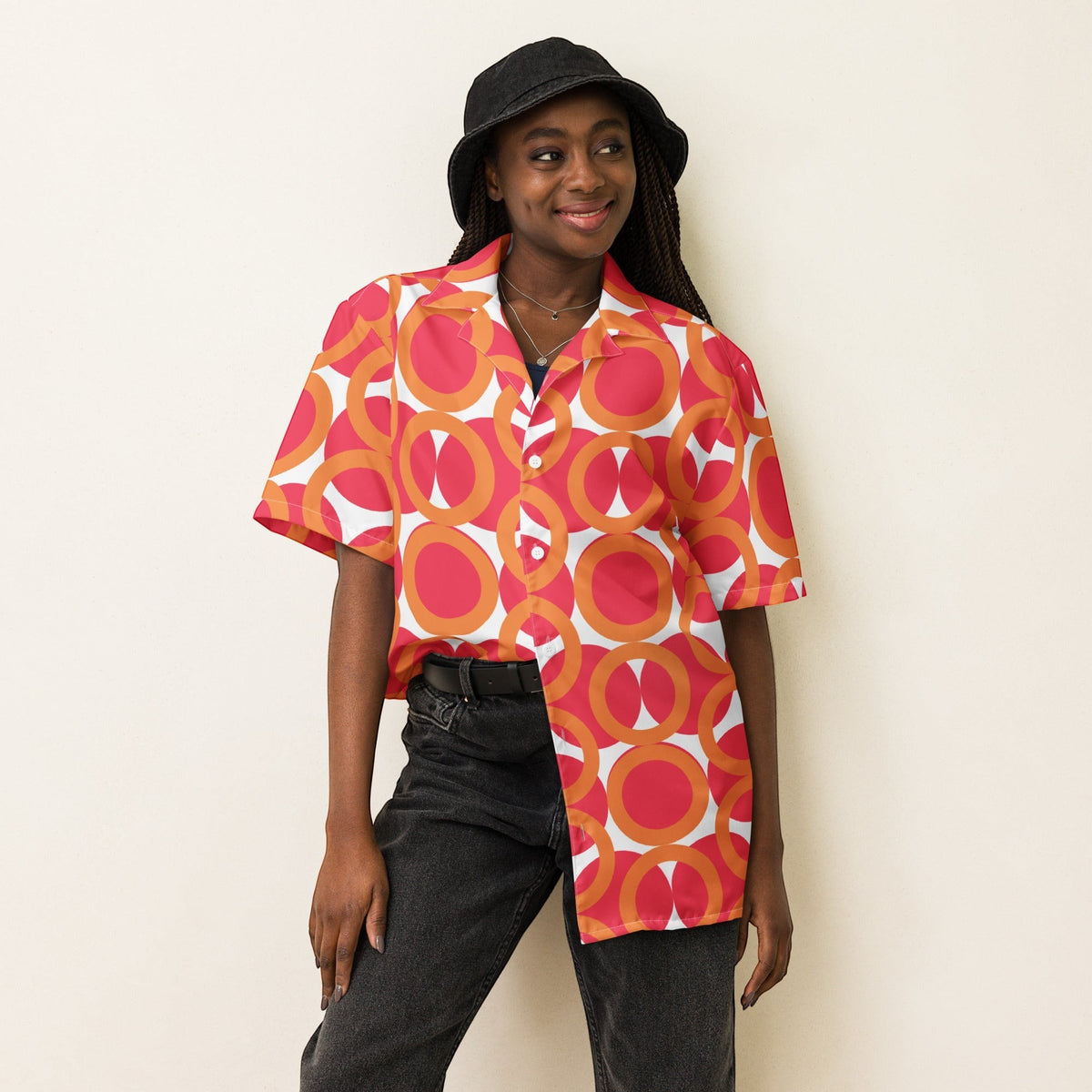 Good Wishes 365 unisex short sleeve button shirt with red and orange retro geometric pattern and UPF50+ protection.