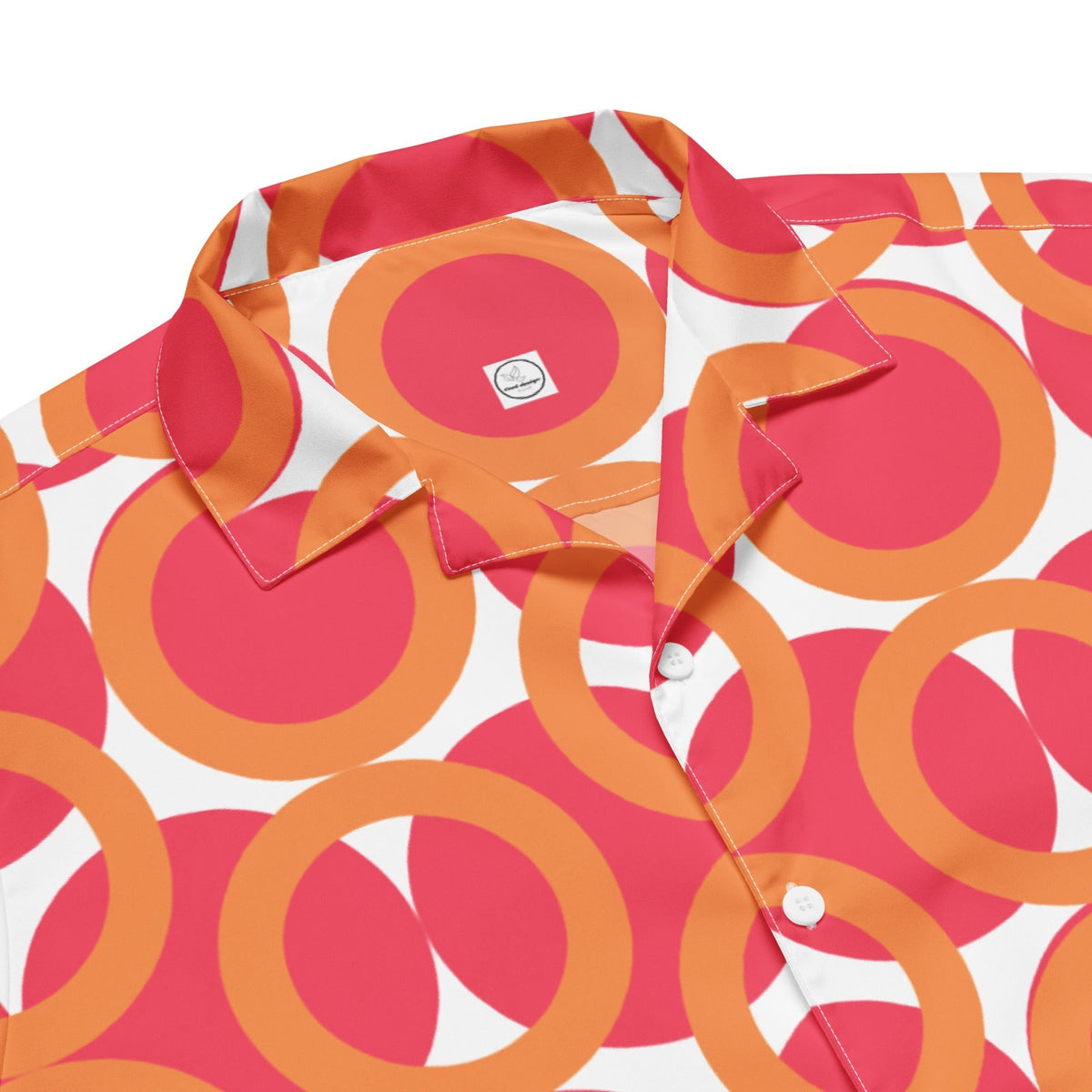 Good Wishes 365 red and orange retro geometric print short sleeve button shirt with UPF50+ sun protection.