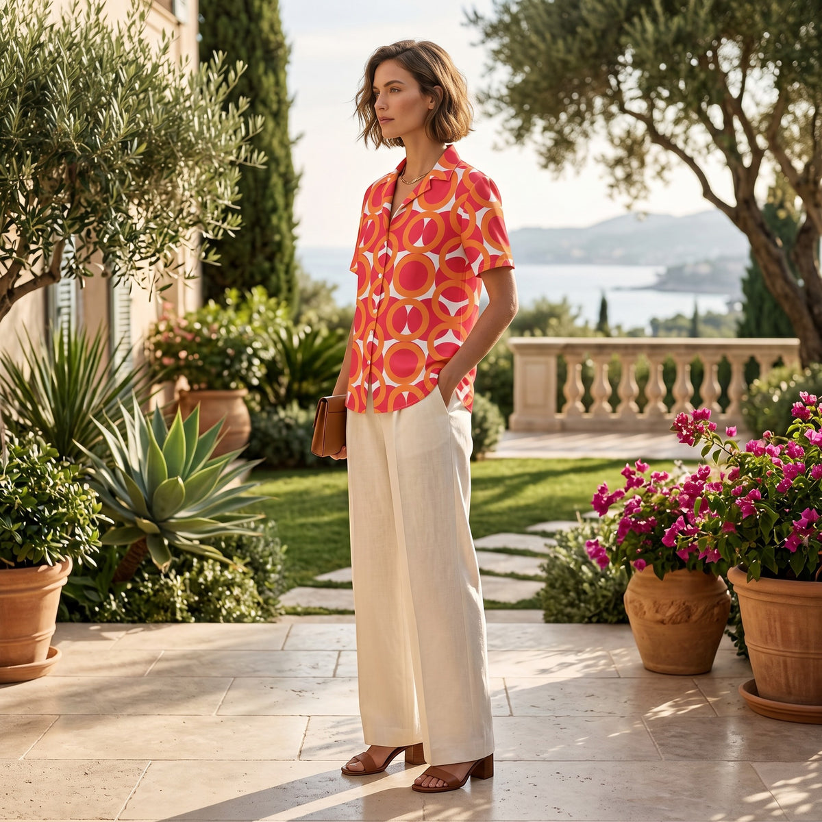 Good Wishes 365 red and orange geometric print short sleeve button shirt with UPF50+ protection worn by a woman outdoors.