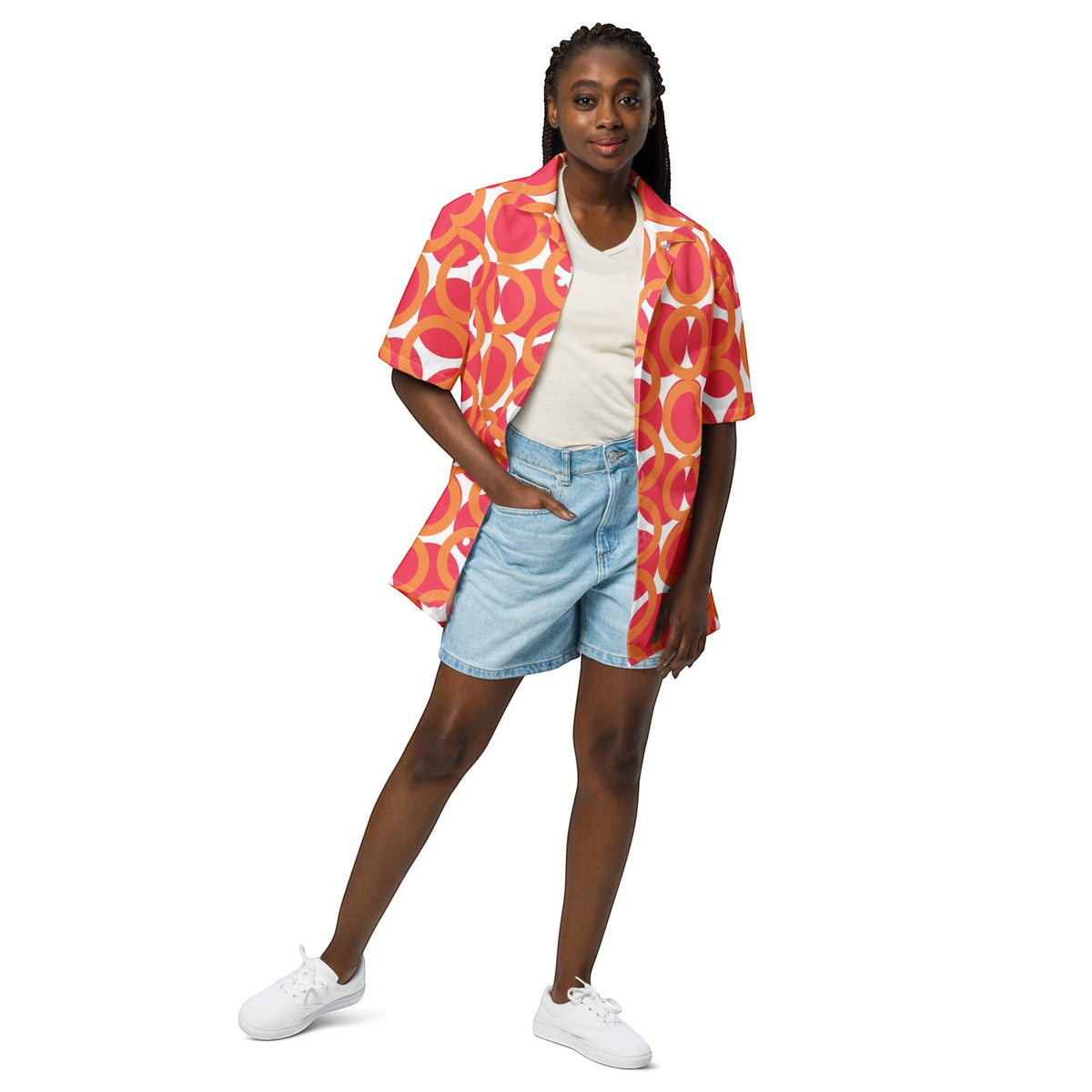 Model wearing a Good Wishes 365 red and orange geometric print short sleeve button shirt with UPF50+ sun protection.