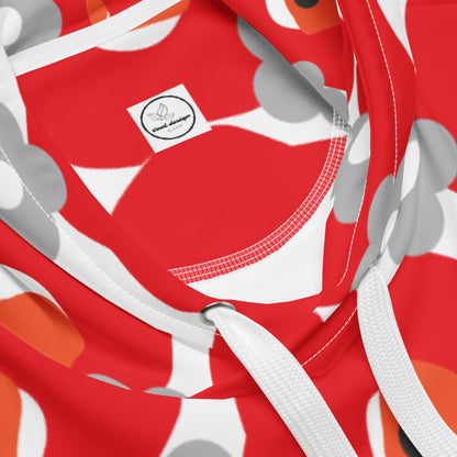 Good Wishes 365 recycled hoodie featuring a vibrant red and gray floral pattern with white drawstring and hood detail.