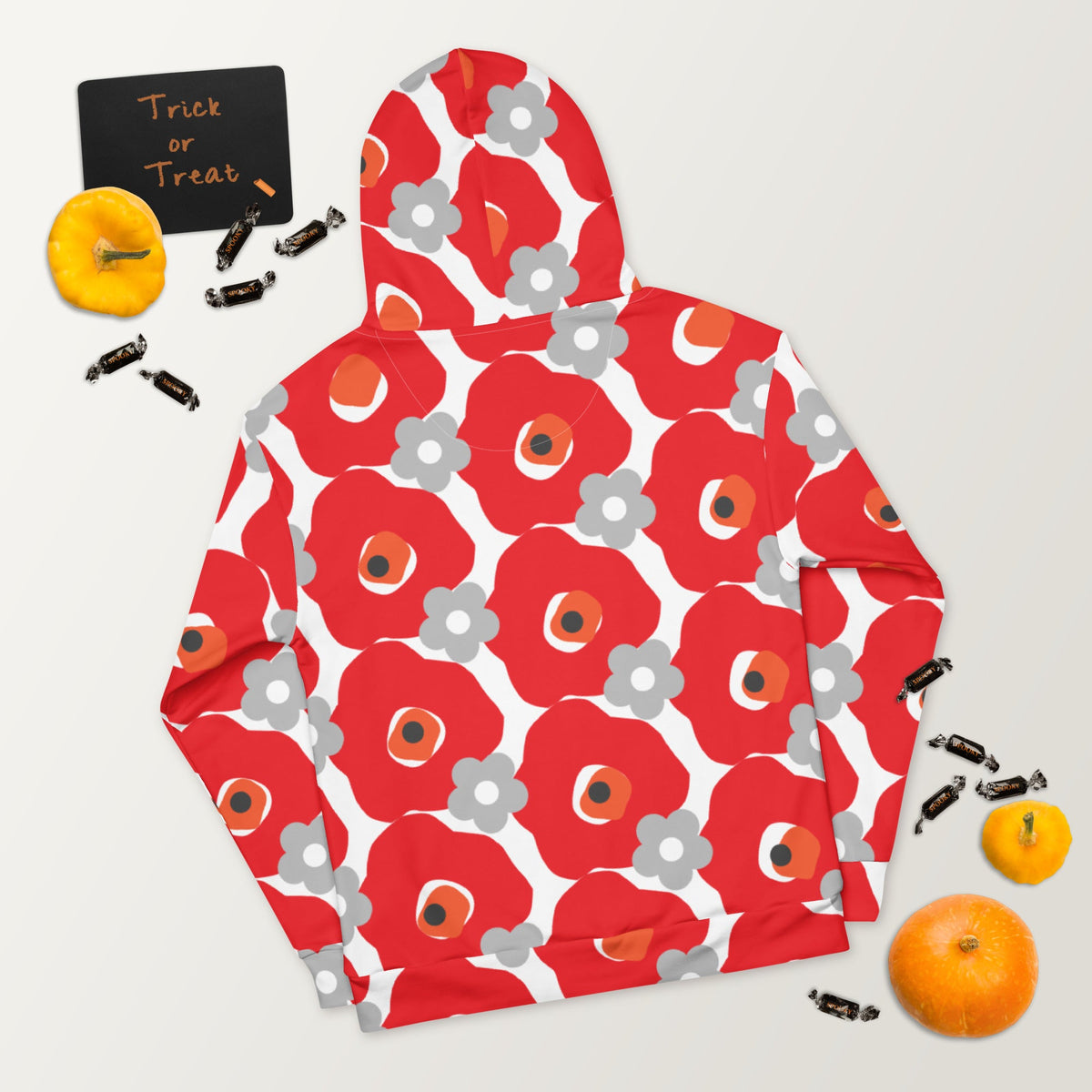 Good Wishes 365 recycled hoodie featuring an all-over red and gray floral pattern on a white background, back view.