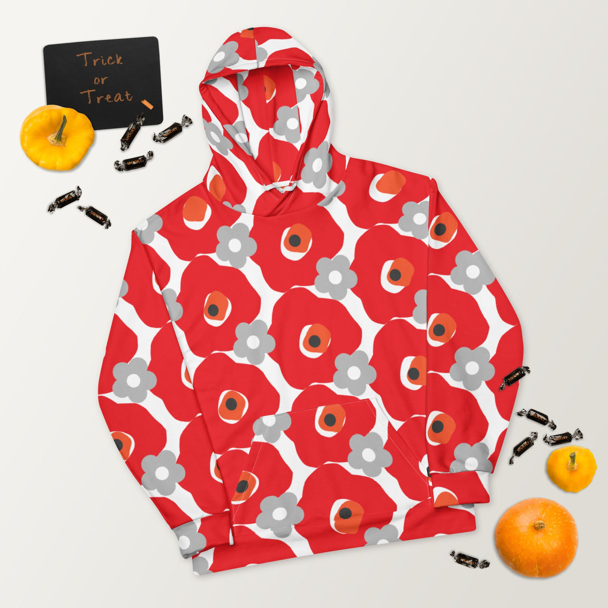 Good Wishes 365 recycled hoodie featuring a red and gray floral print with a kangaroo pocket and drawstring hood.