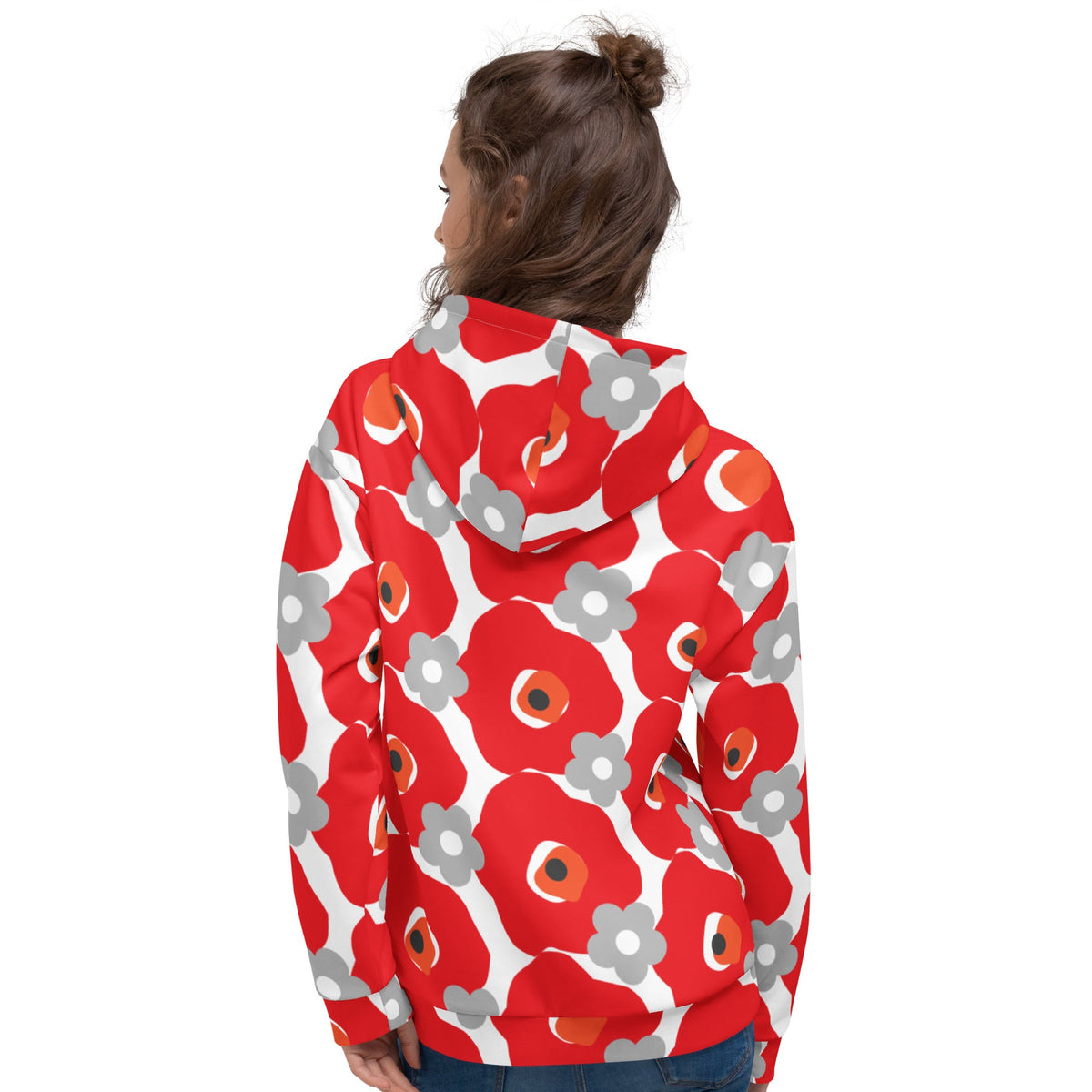 Good Wishes 365 recycled hoodie featuring a vibrant red and gray floral all-over print, shown from the back view.