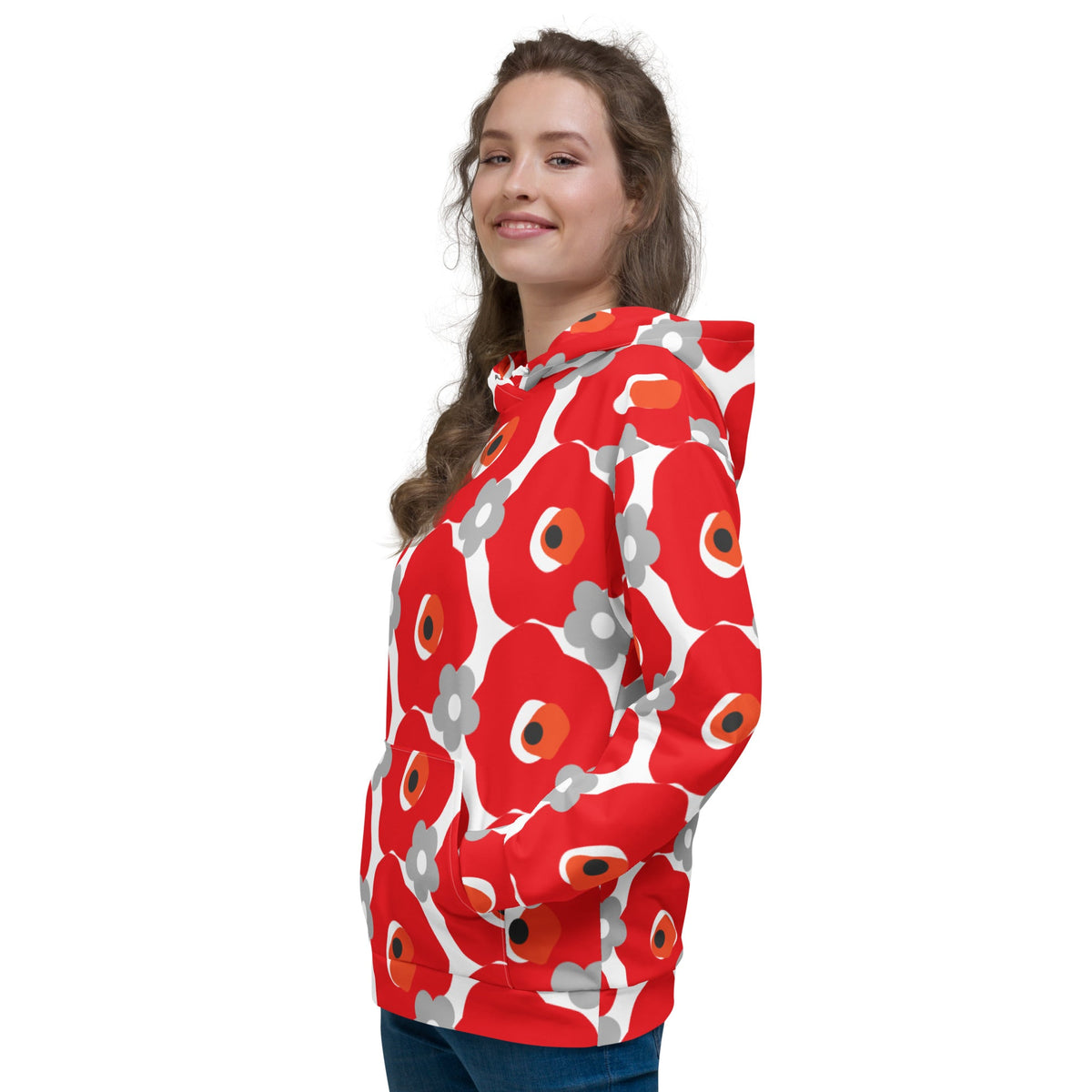 Good Wishes 365 recycled hoodie featuring a red and gray floral print worn by a smiling woman in a side profile view