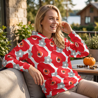 Good Wishes 365 unisex hoodie with a red and gray floral print, featuring a double-lined hood and brushed fleece.