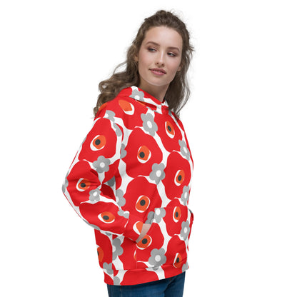 Good Wishes 365 recycled hoodie featuring a red and gray floral pattern with a drawstring hood and kangaroo pocket.