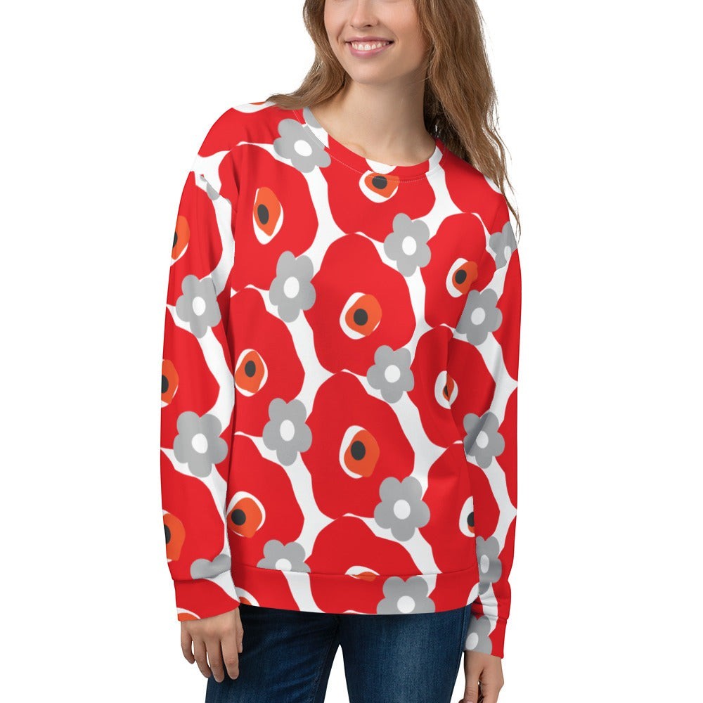 Good Wishes 365 unisex recycled sweatshirt featuring a vibrant red and gray floral graphic print on a white background