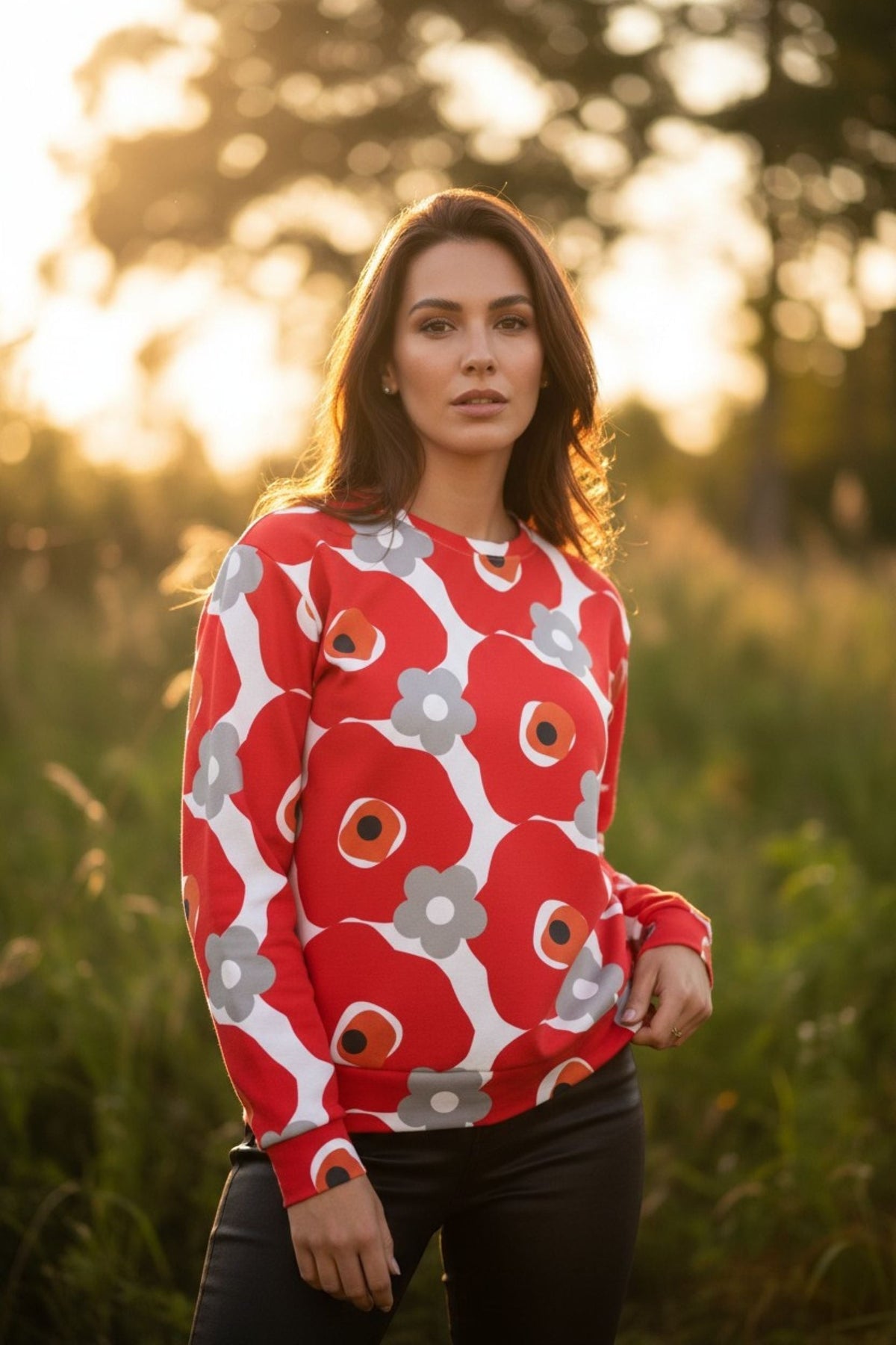 Good Wishes 365 unisex sweatshirt with red and gray floral print worn by a woman in a sunlit field