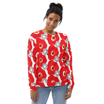 Good Wishes 365 unisex sweatshirt with red and gray floral graphic print worn by a woman with hair in a bun.