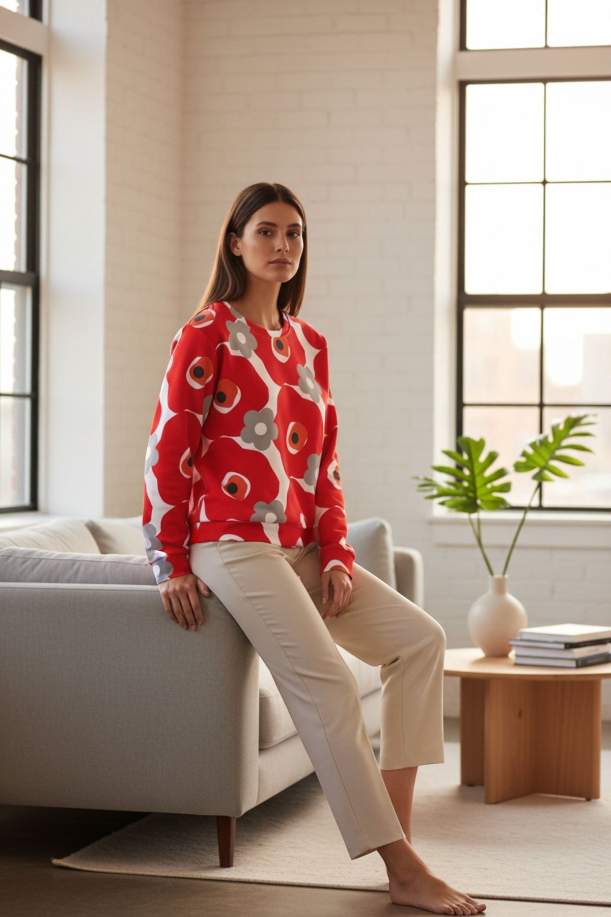 Good Wishes 365 unisex sweatshirt with red and gray floral print, worn by a woman sitting on a sofa in a bright room.