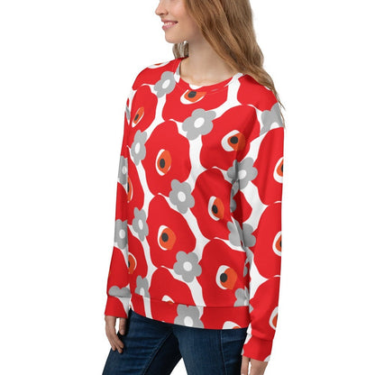 Good Wishes 365 unisex sweatshirt featuring a bold red and gray floral graphic print on recycled fabric