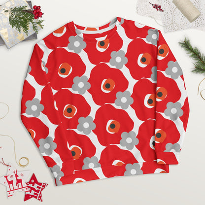 Good Wishes 365 unisex sweatshirt featuring a bold red and gray floral graphic print on a recycled fabric crewneck.