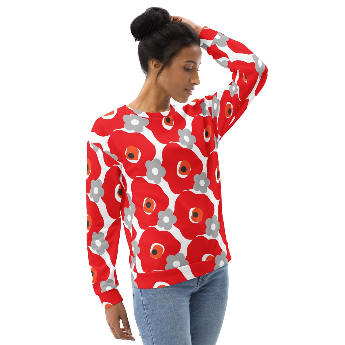 Model wearing a Good Wishes 365 unisex recycled sweatshirt with a bold red and gray floral graphic print