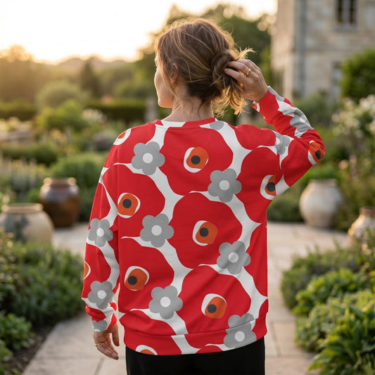 Good Wishes 365 unisex recycled sweatshirt featuring a bold red and gray floral graphic print with a crew neckline.