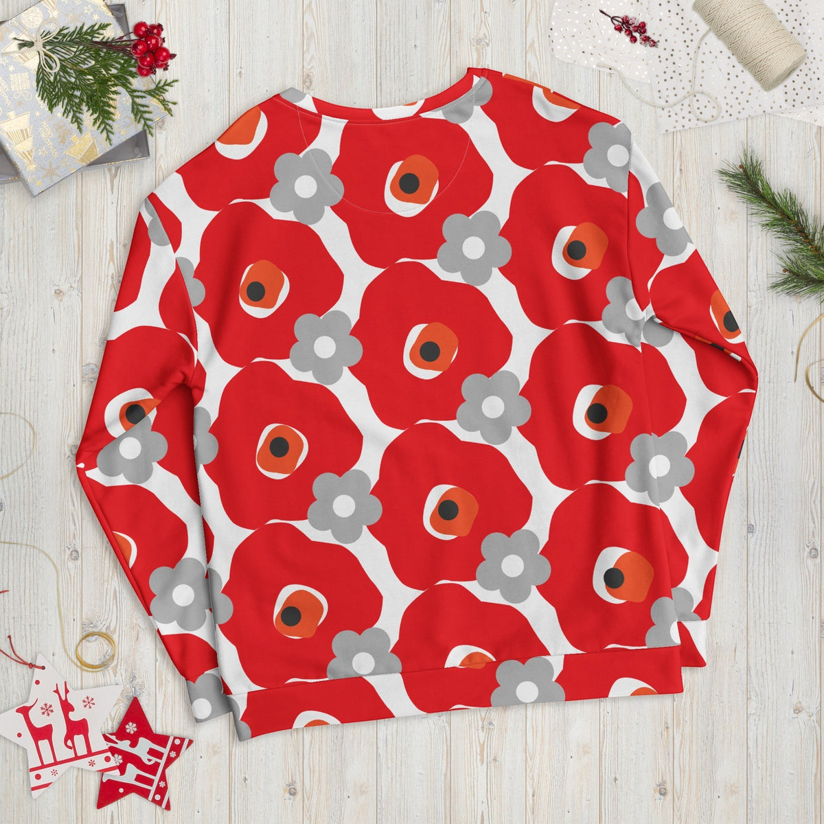 Good Wishes 365 unisex recycled sweatshirt featuring a bold red and gray floral graphic print on a white background