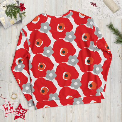 Good Wishes 365 unisex recycled sweatshirt featuring a bold red and gray floral graphic print on a white background