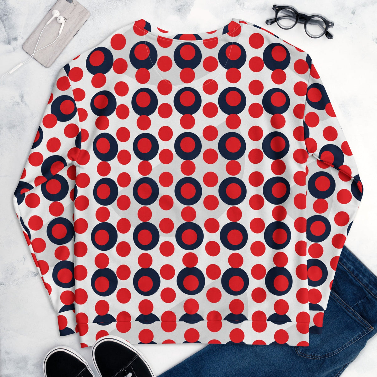 Good Wishes 365 recycled sweatshirt with a 70s pop art red and navy polka dot pattern on a white background