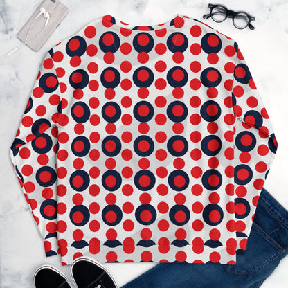 Good Wishes 365 recycled sweatshirt with a 70s pop art red and navy polka dot pattern on a white background