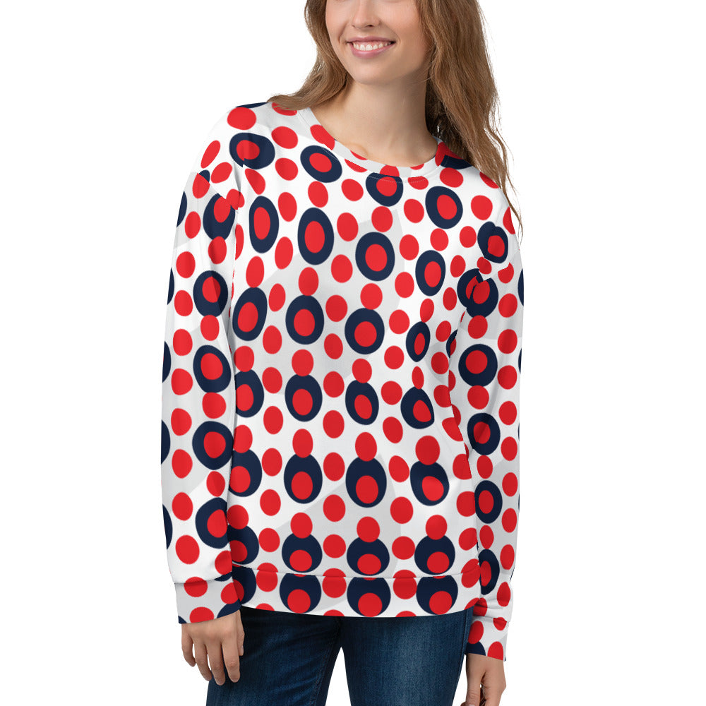 Good Wishes 365 women's recycled sweatshirt featuring a 70s pop art red and navy polka dot print on white fabric.