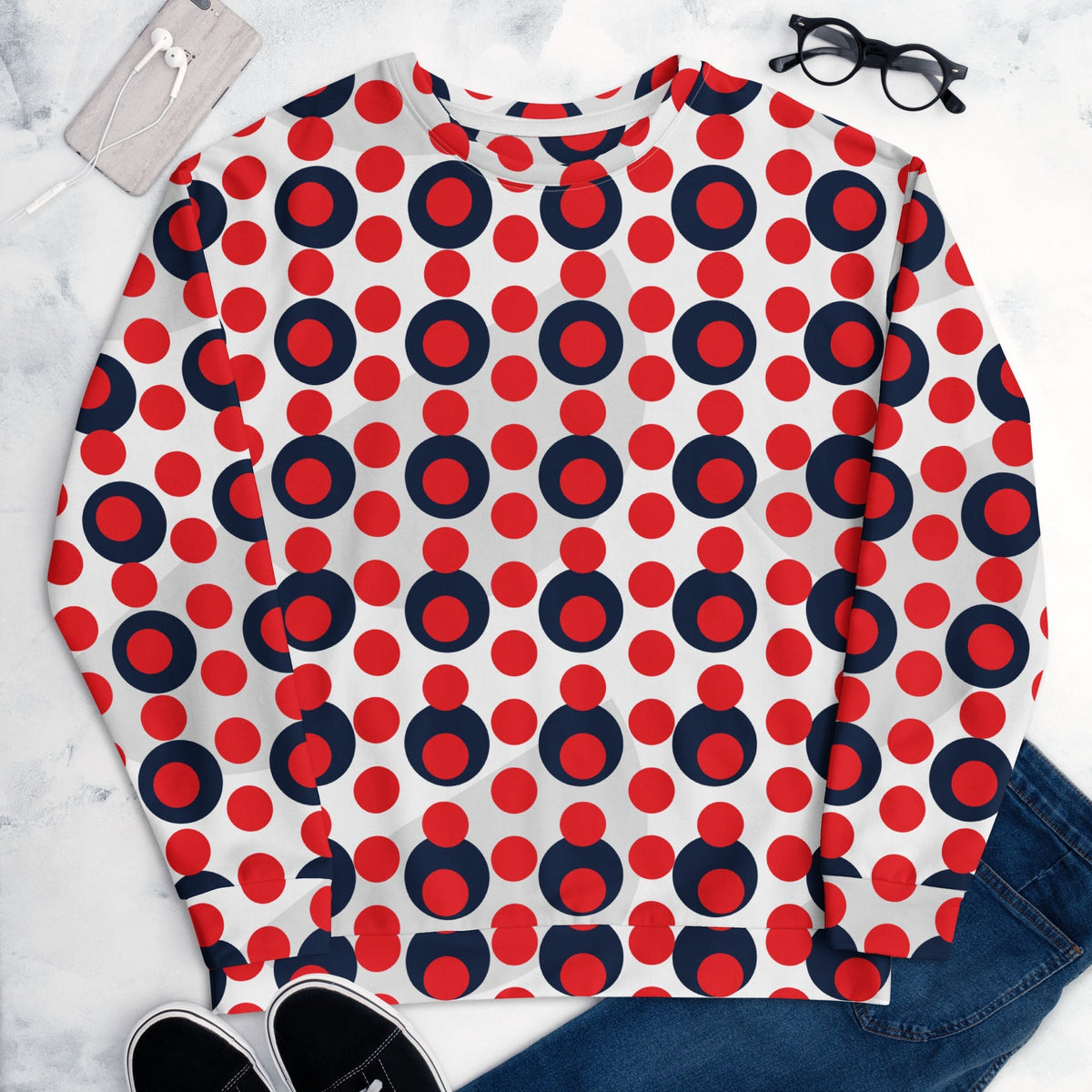 Good Wishes 365 recycled sweatshirt featuring a 70s pop art red and navy polka dot pattern on a white background