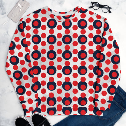 Good Wishes 365 recycled sweatshirt featuring a 70s pop art red and navy polka dot pattern on a white background