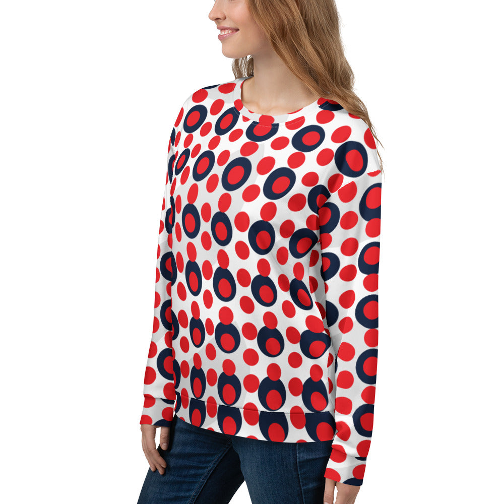 Good Wishes 365 women's recycled sweatshirt featuring a 70s pop art red and navy polka dot print on white fabric