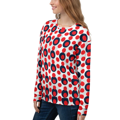 Good Wishes 365 women's recycled sweatshirt featuring a 70s pop art red and navy polka dot print on white fabric