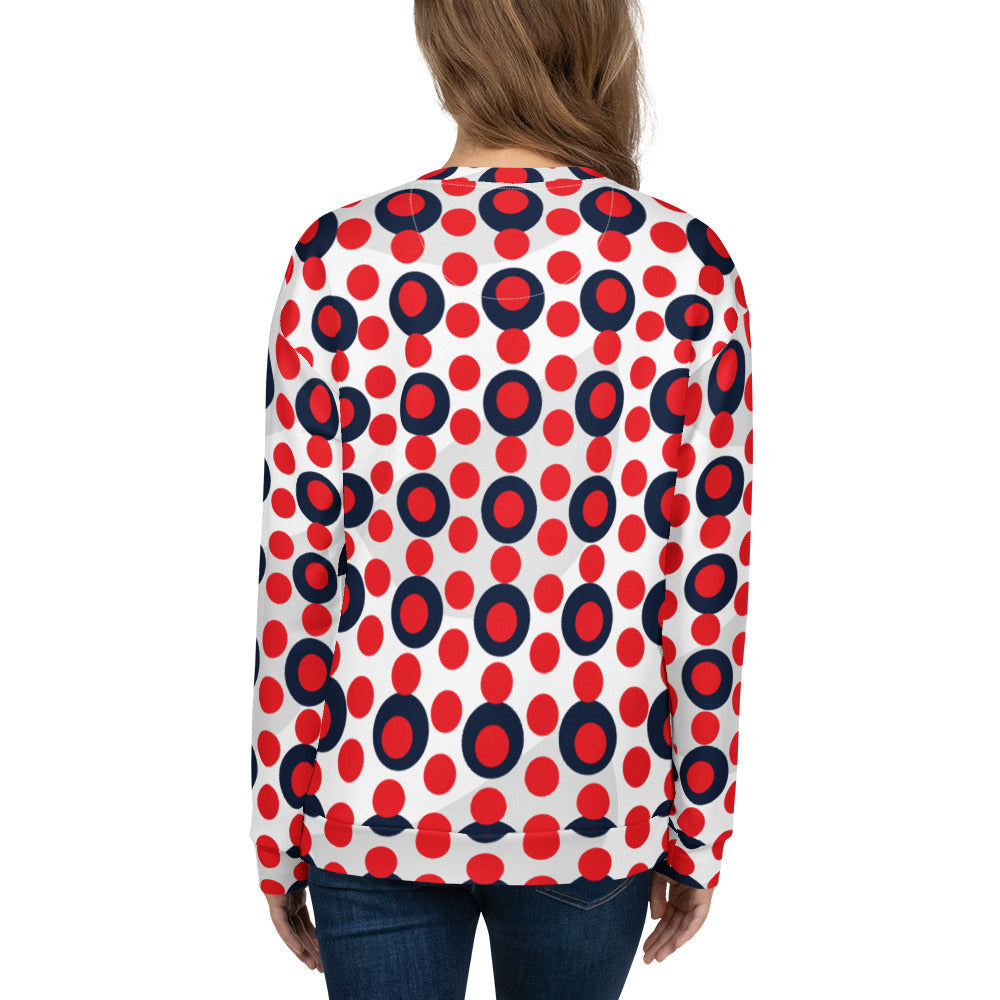 Good Wishes 365 recycled sweatshirt featuring a 70s pop art red and navy polka dot pattern on a white background