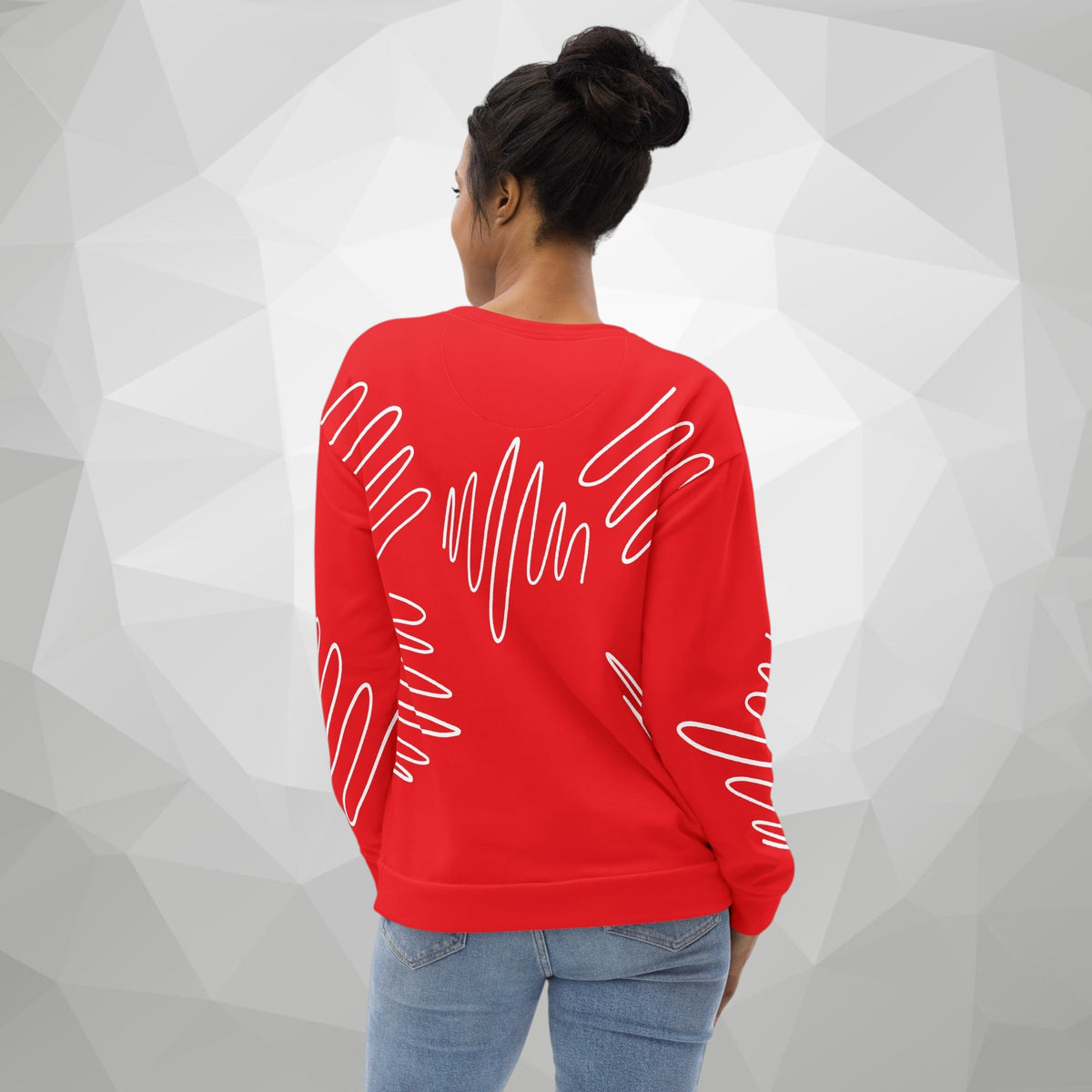 Good Wishes 365 red recycled sweatshirt with white abstract scribble lines, worn by a woman, back view.