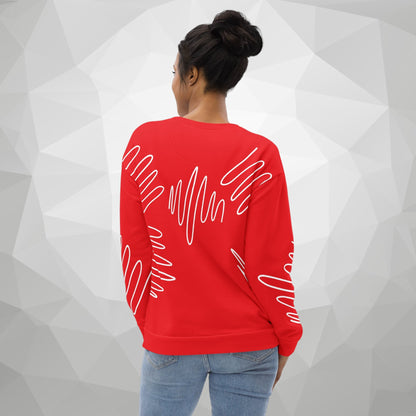 Good Wishes 365 red recycled sweatshirt with white abstract scribble lines, worn by a woman, back view.