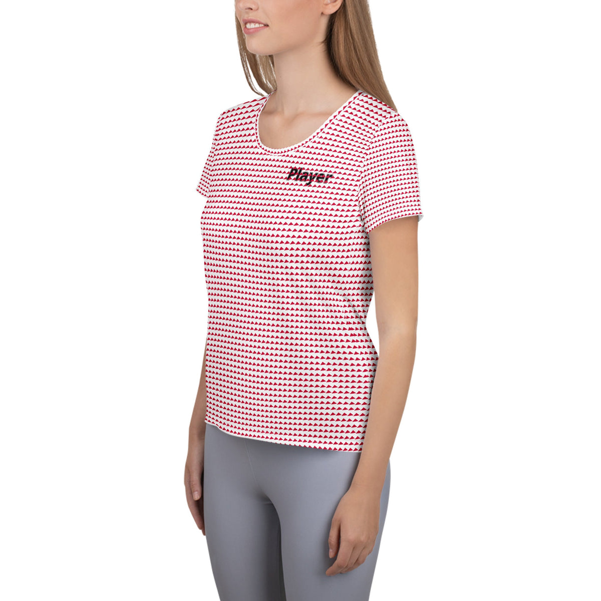 Good Wishes 365 women's athletic t-shirt with red triangle print and Player graphic, worn by a model in profile view.
