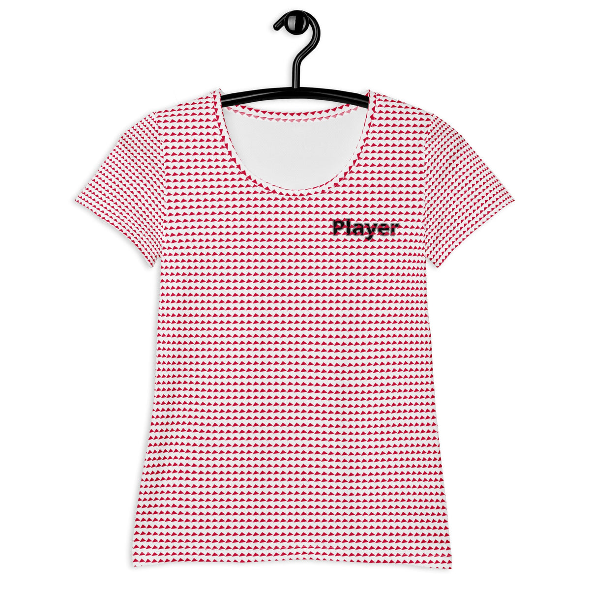 Good Wishes 365 women's red triangle print athletic t-shirt with Player graphic on chest hanging on a black hanger