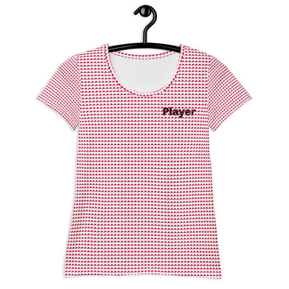 Good Wishes 365 women's red triangle print athletic t-shirt with Player graphic on chest hanging on a black hanger