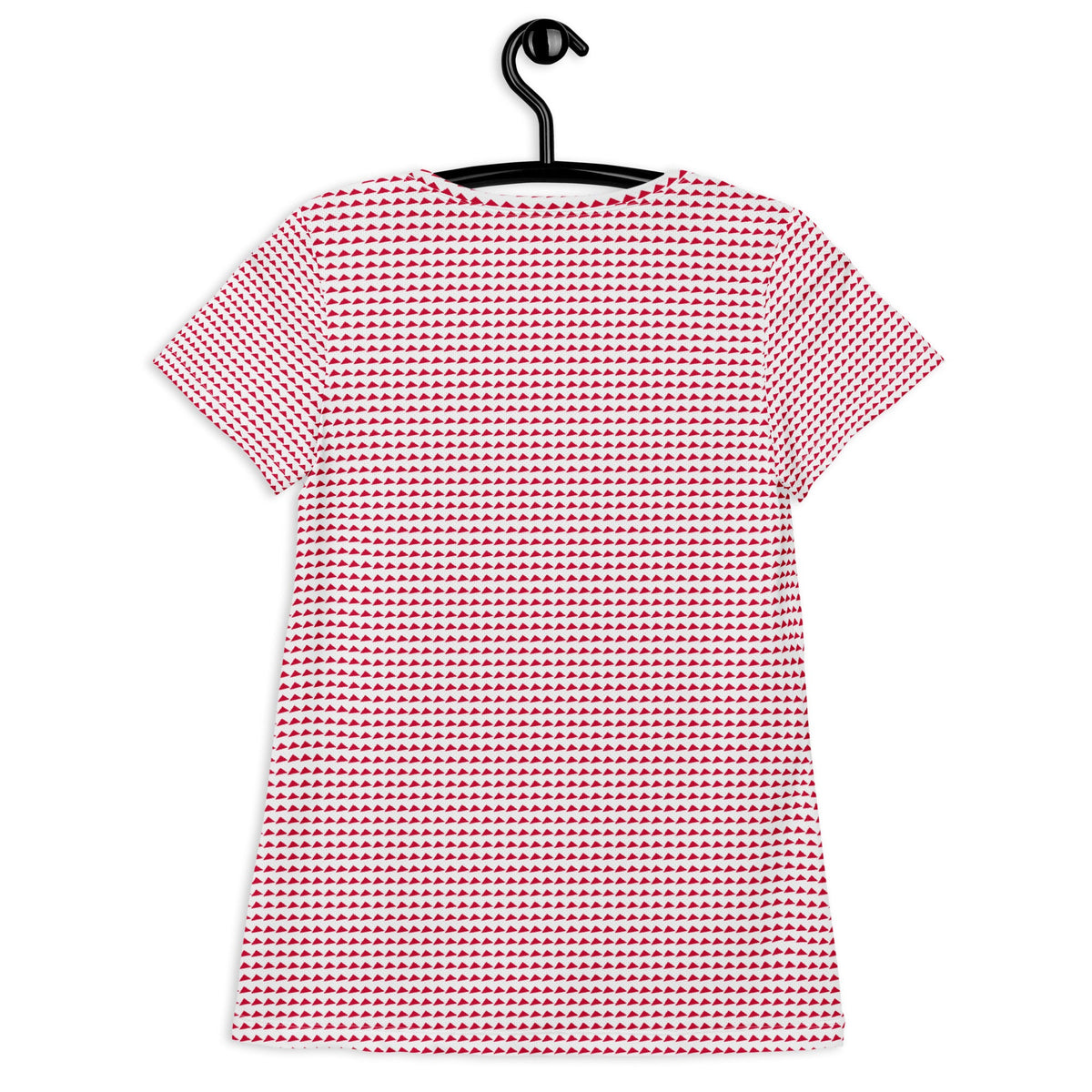 Good Wishes 365 women's athletic t-shirt with an all-over red triangle pattern on a white background, back view.