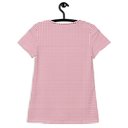 Good Wishes 365 women's athletic t-shirt with an all-over red triangle pattern on a white background, back view.