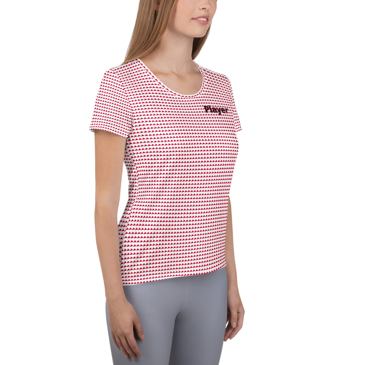 Good Wishes 365 women's athletic t-shirt with red triangle print and Player graphic worn by a model in grey leggings